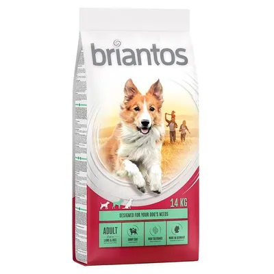 Confezione di crocchette per cani briantos, 14 kg, testo visibile: 'ADULT with LAMB & RICE', 'SHINY COAT', 'HIGH TOLERANCE', 'MADE IN GERMANY', 'DESIGNED FOR YOUR DOG'S NEEDS'.