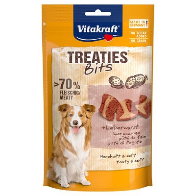 Vitakraft Treaties Bits with over 70% meat content and liver sausage. Made in Germany, no added sugar, grain-free. Savoury and soft dog snacks.