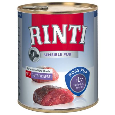 Консерва Rinti Sensible Pur Ross Pur для собак, надписи: Für empfindliche Hunde, NEU GETREIDEFREI, nur 1 tierisches Protein. Изображение куска мяса на упаковке.