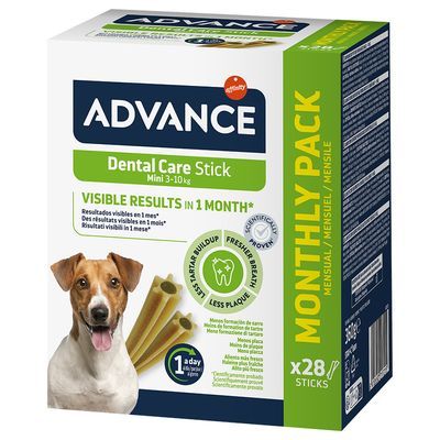 ADVANCE Dental Care Stick Mini 3–10 kg, maandverpakking met 28 stuks. Tekst: zichtbare resultaten in 1 maand, minder tandsteen, frissere adem, minder plak. Afbeelding van kauwsticks.