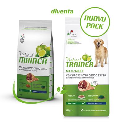 Natural Trainer Maxi/Adult prosciutto crudo-val és rizzsel, lenmaggal, spirulinával. Színezék, tartósítószer és hozzáadott cukor nélkül. Olaszországban készült. Új csomagolás dizájn.