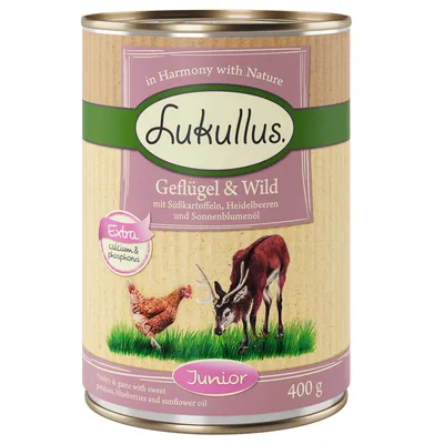 Lukullus Geflügel & Wild Junior, s batáty, borůvkami a slunečnicovým olejem. Extra vápník a fosfor. 400g konzerva.