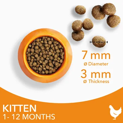 Гранулирана храна за котенца, диаметър 7 мм, дебелина 3 мм. Текст: KITTEN 1–12 MONTHS. Изображение на купичка с гранули и отделни гранули.
