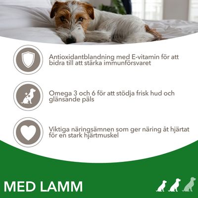 Antioxidantblandning med E-vitamin, omega 3 och 6 för hud och päls, viktiga näringsämnen för hjärtmuskeln. Med lamm.