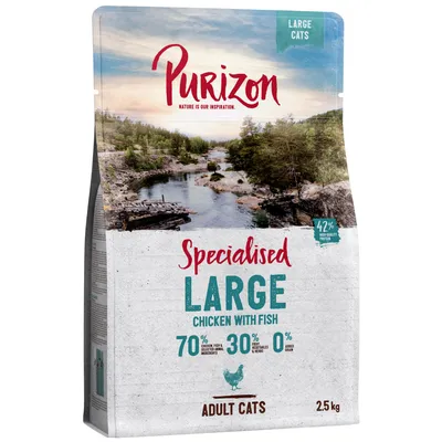 Purizon alimento speciale per gatti grandi, gusto pollo con pesce. 70% carne e pesce, 30% verdure ed erbe, 0% cereali. Confezione: 2,5 kg.