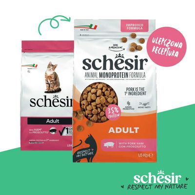 Schesir Animal Monoprotein Formula Adult z szynką wieprzową, 35% białka, 1,5 kg. Ulepszona receptura, główny składnik: wieprzowina, zawiera prebiotyki, bez barwników i wypełniaczy.