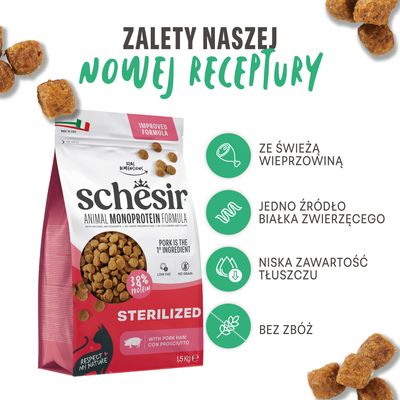 Schesir Animal Monoprotein Formula Sterilized ze świeżym mięsem wieprzowym, 38% białka, niska zawartość tłuszczu, bez zbóż, 1,5 kg. Zwierzęce źródło białka.