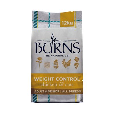 Burns Weight Control Chicken & Oats hundefoder, Adult & Senior All Breeds. Tekst: Low calorie, Hypoallergenic, High fibre, Ideal for sensitive dogs, Maintains lean body weight, Avoids toxic build-up.