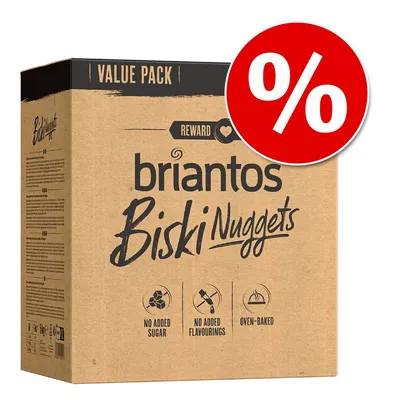 Briantos Biski Nuggets Value Pack. Brez dodanega sladkorja, brez umetnih arom, pečeno v pečici. Rdeč odstotni znak za akcijo je viden.