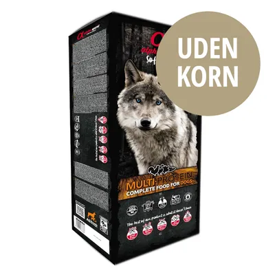 Alpha Spirit Soft Multi Protein Complete Food for Dogs, billede af ulv på emballagen, stor cirkel med teksten UDEN KORN