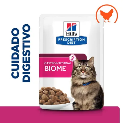 Hill's Prescription Diet Gastrointestinal Biome para gatos, cuidado digestivo, imagen de sobre con comida húmeda y gato. Icono de pollo visible.