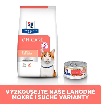 Hill's Prescription Diet ON-CARE pre mačky, suché a mokré krmivo. Text v češtine: VYZKOUŠEJTE NAŠE LAHODNÉ MOKRÉ I SUCHÉ VARIANTY.
