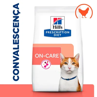 Embalagem de Hill's Prescription Diet ON-CARE com imagem de gato, texto 'CONVALESCENÇA' na vertical e ícone de frango. Inclui símbolo ACTIVBIOME+ visível. Embalagem de Hill's Prescription Diet ON-CARE com imagem de gato, texto 'CONVALESCENÇA' na vertical e ícone de frango. Inclui símbolo ACTIVBIOME+ visível.