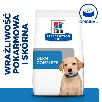 Hill's Prescription Diet Derm Complete, napis: wrażliwość pokarmowa i skórna, oznaczenie Original, opakowanie karmy z psem na froncie.