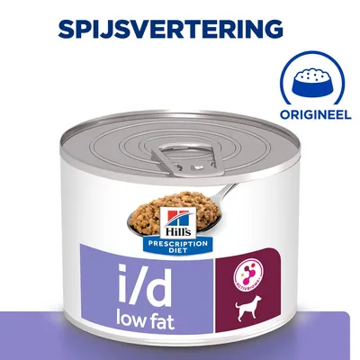 Hill's Prescription Diet i/d low fat hondenvoer blik, spijsvertering, origineel, ActivBiome+, afbeelding van natvoer op lepel zichtbaar op het etiket.
