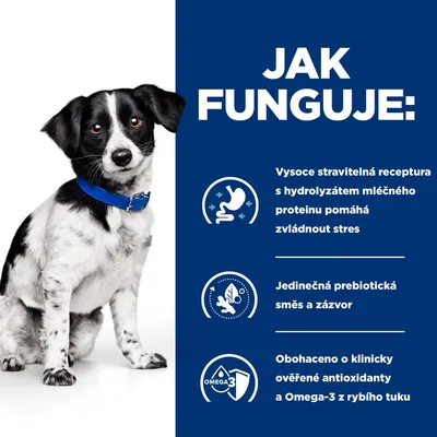 Text v češtine: Jak funguje: Vysoce stravitelná receptura s hydrolyzátem mléčného proteinu pomáhá zvládnout stres, jedinečná prebiotická směs a zázvor, Omega-3 z rybího tuku.