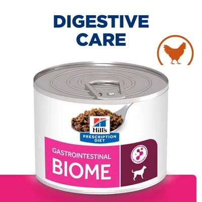 Hill's Prescription Diet Gastrointestinal Biome ActivBiome+ dog food tin, Digestive Care text above, chicken icon visible Hill's Prescription Diet Gastrointestinal Biome ActivBiome+ dog food tin, Digestive Care text above, chicken icon visible