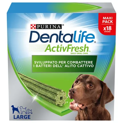 Purina Dentalife ActivFresh Maxi Pack 18 sticks, sviluppato per combattere i batteri dell’alito cattivo, per cani taglia large. Immagine di un cane e uno stick verde visibili. Purina Dentalife ActivFresh Maxi Pack 18 sticks, sviluppato per combattere i batteri dell’alito cattivo, per cani taglia large. Immagine di un cane e uno stick verde visibili.