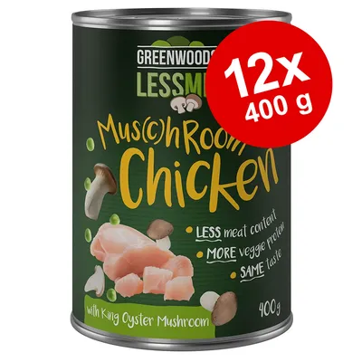 Greenwoods LessMeat Mus(c)hRoom Chicken med King Oyster Mushroom, 400 g dåse. Tekst: LESS meat content, MORE veggie protein, SAME taste. Pakke med 12 x 400 g.