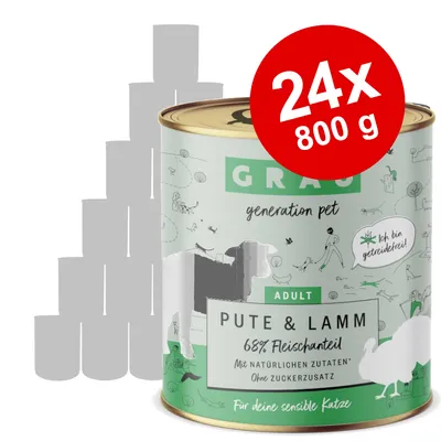 GRAU generation pet ADULT PUTE & LAMM 68% Fleischanteil, 24x800 g dåser kattemad. Tekst: Ich bin getreidefrei!, Mit natürlichen Zutaten*, Ohne Zuckerzusatz, Für deine sensible Katze.