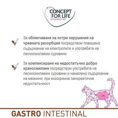 CONCEPT FOR LIFE VETERINARY DIET. За облекчаване на остри нарушения на чревната резорбция и за компенсиране на недостатъчно добро храносмилане. GASTRO INTESTINAL.
