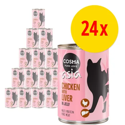 24x Cosma Pure Love Asia Chicken with Liver in Jelly, Multi Protein Pure Meat. Dåser med lyserødt design og sort kattemotiv.