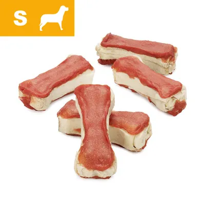 Five bone-shaped treats with a red top layer and white base, shown with an icon indicating size S and a dog silhouette in the corner. Five bone-shaped treats with a red top layer and white base, shown with an icon indicating size S and a dog silhouette in the corner.