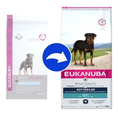 Två förpackningar Eukanuba Breed Specific Rottweiler Adult torrfoder, gammal och ny design, båda med bild på en rottweiler. 12 kg synligt på båda förpackningarna. Två förpackningar Eukanuba Breed Specific Rottweiler Adult torrfoder, gammal och ny design, båda med bild på en rottweiler. 12 kg synligt på båda förpackningarna.