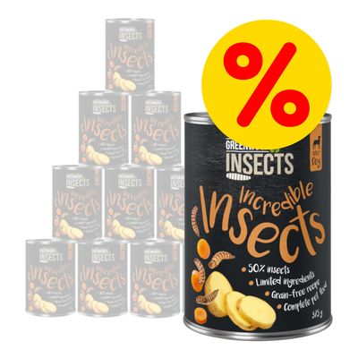 Multipack of insect-based pet food cans with label showing 50% insects, limited ingredients, grain-free recipe, and complete pet food. Large percentage discount symbol displayed.