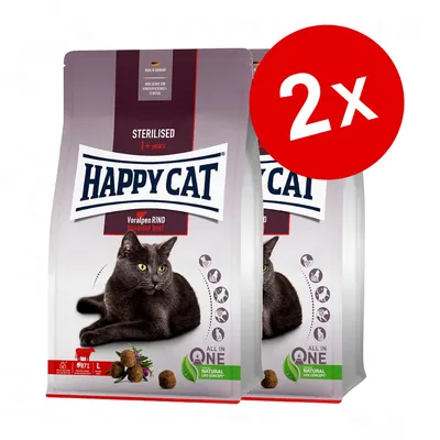 Lot de 2 sacs de croquettes Happy Cat Sterilised 1+ years Voralpen Rind (bavarian beef), image d’un chat noir sur l’emballage, mentions All in One et Natural Life Concept visibles.