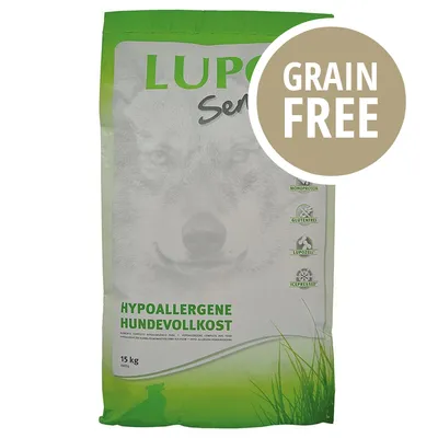 Sacco da 15 kg di Lupo Sensitiv Hypoallergene Hundeflockkost, testo visibile: GRAIN FREE, monoprotein, glutenfrei, lupozeel, icepressed.