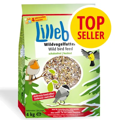 Lilleb Wildvogelfutter Wild bird feed, schalenfrei husked, Ambrosia kontrolliert Ambrosia controlled, 4 kg. Etichetta gialla con scritta TOP SELLER. Testo in tedesco e inglese.