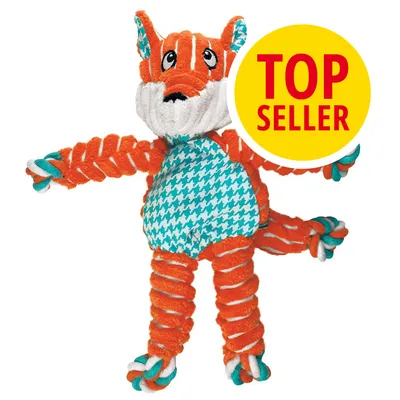 Giocattolo per animali a forma di volpe in tessuto arancione, bianco e turchese intrecciato. Cerchio giallo con testo: TOP SELLER.