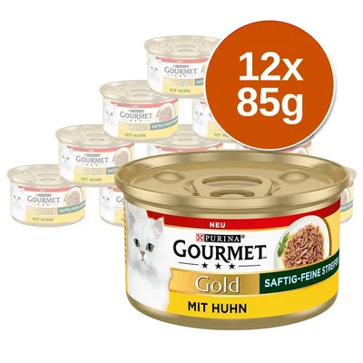Purina Gourmet Gold mit Huhn macskakonzerv, 12×85 g-os csomagolás, sárga címkén fehér macska képe és felirat: Saftig-Feine Streifen