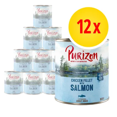 12× Purizon Chicken Fillet with Salmon, 800g konzervy pro dospělé psy, 45 % chicken fillet. Viditelné texty: Purizon, Nature is our inspiration, Adult Dogs.