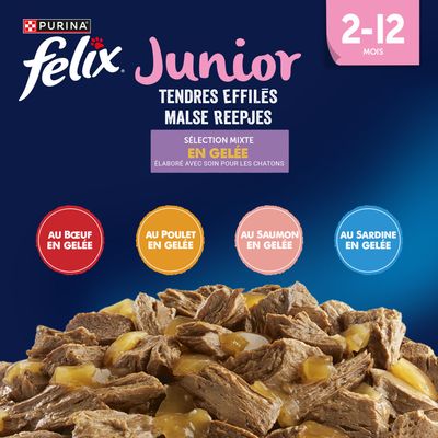 Purina Felix Junior, 2-12 mois. Sélection : tendres morceaux en gelée avec bœuf, poulet, saumon et sardine. Pour chatons, soigneusement élaboré.