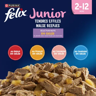 Purina Felix Junior, 2-12 mois. Sélection : tendres morceaux en gelée avec bœuf, poulet, saumon et sardine. Pour chatons, soigneusement élaboré.
