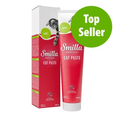 Smilla Cat Paste, tubo de 200 g e embalagem. Texto visível: 'Malt', 'Hairball Prevention', 'Made in Germany', destaque verde com 'Top Seller'.