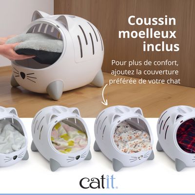 Grotte pour chat de catit avec coussin doux inclus. Différentes couvertures peuvent être ajoutées pour plus de confort.