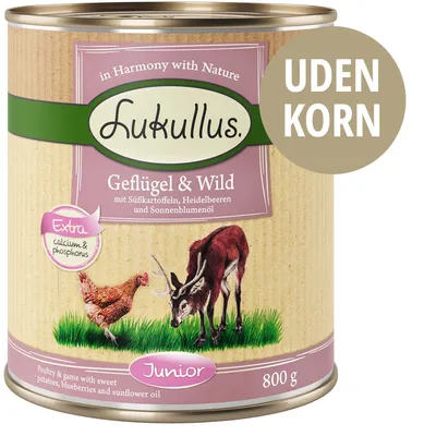 Lukullus Geflügel & Wild, uden korn, med søde kartofler, blåbær og solsikkeolie. Extra calcium & phosphorus. Junior. Dåse 800 g.
