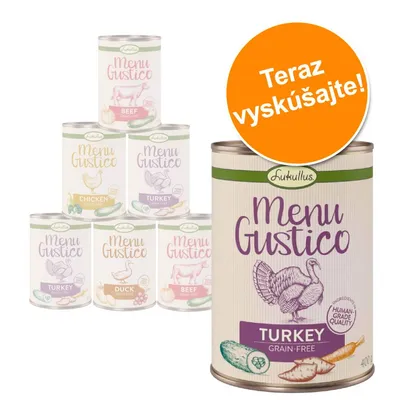 Konzervy Lukullus Menu Gustico: BEEF, CHICKEN, TURKEY, DUCK. Veľká konzerva TURKEY 400 g s nápisom 'Teraz vyskúšajte!' a označením 'HUMAN-GRADE QUALITY'. Konzervy Lukullus Menu Gustico: BEEF, CHICKEN, TURKEY, DUCK. Veľká konzerva TURKEY 400 g s nápisom 'Teraz vyskúšajte!' a označením 'HUMAN-GRADE QUALITY'.