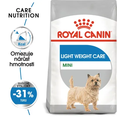 ROYAL CANIN LIGHT WEIGHT CARE MINI, omezuje nárůst hmotnosti, osvědčené výsledky -31 % tuku, obrázek malého psa na obalu.