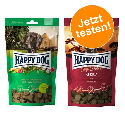 Happy Dog Soft Snack Reis, Erbsen & Kurkuma und Happy Dog Soft Snack Africa Strauß. Vegetarisch oder getreidefrei. Jetzt testen!