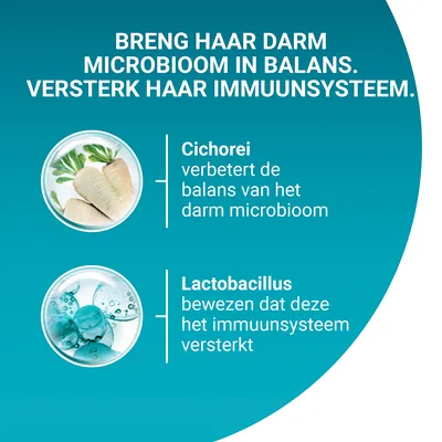 Breng haar darm microbioom in balans. Versterk haar immuunsysteem. Cichorei verbetert de balans van het darm microbioom. Lactobacillus bewezen dat deze het immuunsysteem versterkt.