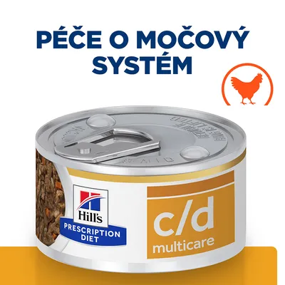 Konzerva Hill's Prescription Diet c/d Multicare, nápis „Péče o močový systém“, symbol sliepky. Viditeľné kúsky krmiva na etikete. Konzerva Hill's Prescription Diet c/d Multicare, nápis „Péče o močový systém“, symbol sliepky. Viditeľné kúsky krmiva na etikete.