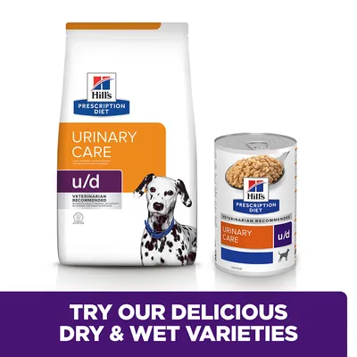 Hill's Prescription Diet Urinary Care u/d dry food bag and wet food can with text: Try our delicious dry & wet varieties.