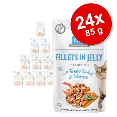 Brit Care Fillets in Jelly for Adult Cats, Tender Turkey & Shrimps, 24 x 85 g. Synligt billede af kat og foder med gulerod og rosmarin. Tekst: enriched with Carrot and Rosemary.