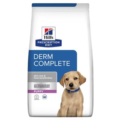 Hill's Prescription Diet Derm Complete Puppy, cuidado de la piel y sensibilidades alimentarias, recomendado por veterinarios. Imagen de envase con cachorro visible.