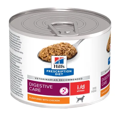 Hill's Prescription Diet Digestive Care i/d Stress Dog Food, flavoured with chicken, tin with visible food and text: Veterinarian Recommended.