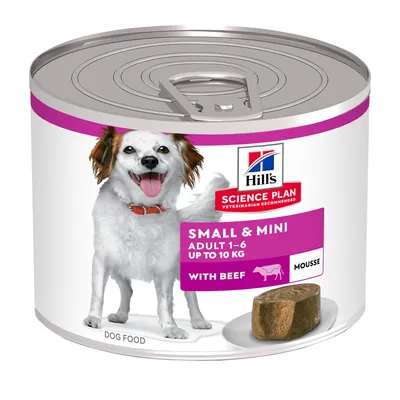 Tin labelled for small and mini adult, 1-6 years, up to 10kg, with beef mousse. Includes image of food portion and animal illustration. Text: dog food. Tin labelled for small and mini adult, 1-6 years, up to 10kg, with beef mousse. Includes image of food portion and animal illustration. Text: dog food.